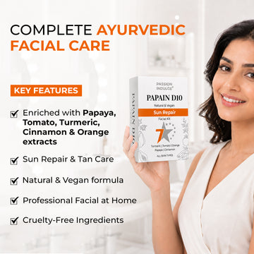 Passion Indulge Papain D10 Natural 7 Star Facial Kit for Tan Removal & Even Skin Tone | Papaya, Turmeric, Orange, Tomato & Cinnamon | Cleanser, Facial Oil, Scrub, Mud, Massage Cream, Moisturizer & Sunscreen | All Skin Types 301g (Pack Of 7)
