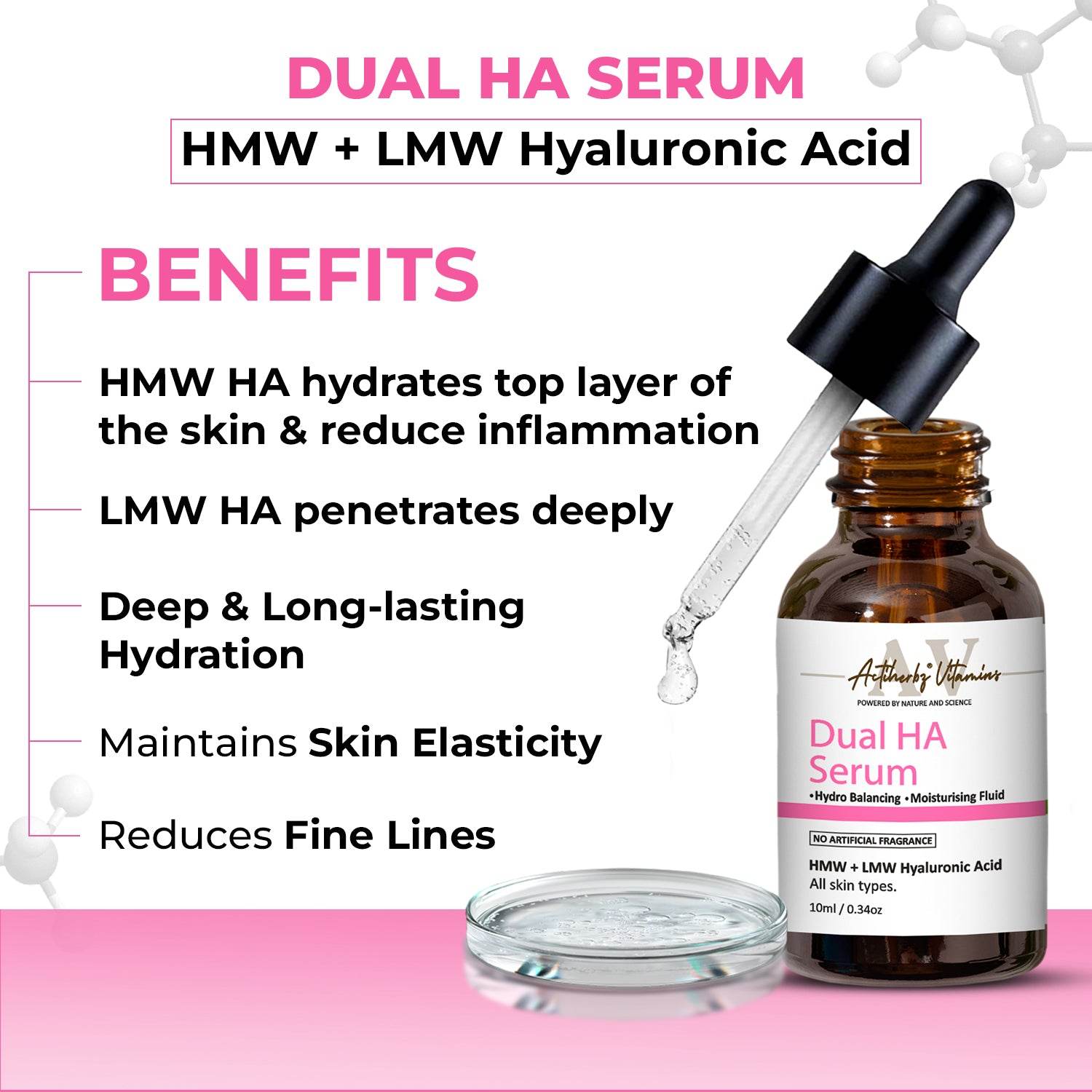 Actiherbz Vitamins Dual HA Face Serum 10ml & Dual HA Serum Cleanser 60ml Combo for Face | LMW + HMW Hyaluronic | Plump Youthful Skin, Hydro Balancing & Deep Moisturizing | All Skin Types | Natural, Vegan - passionindulge