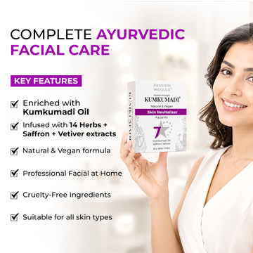 Passion Indulge Kumkumadi 7 Star Glowing Skin Facial Kit, 43gm | Ayurvedic 7-Step Facial Kit with 16 Herbs | Brightening, Hydrating & Pigmentation Care | Cleanser, Facial Oil, Scrub, Face Mudd, Massage Cream, Moisturizer & Sunscreen