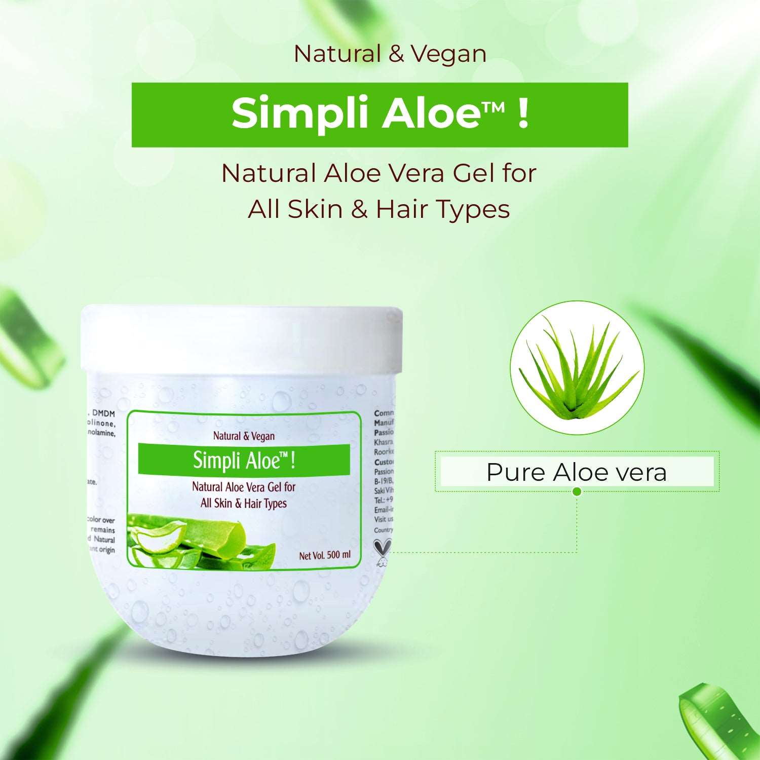 Passion Indulge Simpli Aloe- Pure Aloe Vera Multipurpose Natural Gel for all Skin & Hair Type | Coolant | Deep Hydration | Redness | Acne | Vegan - 500 ml