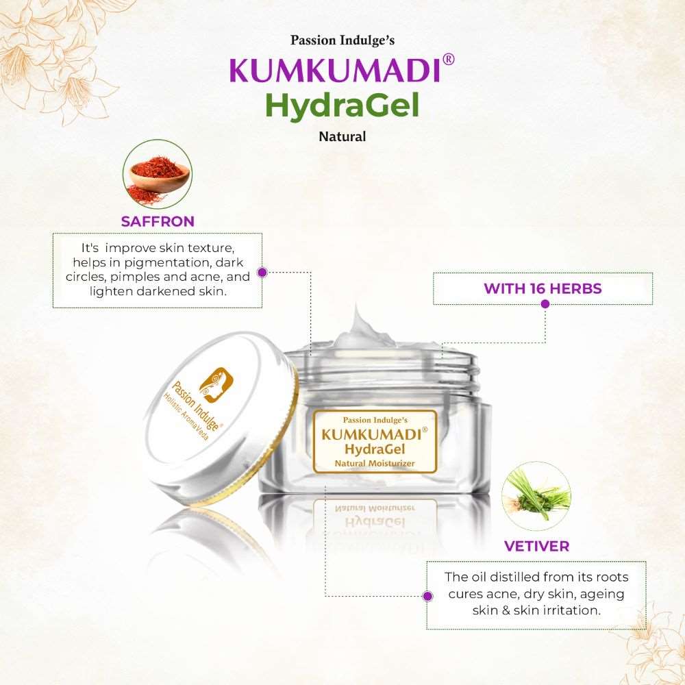 Kumkumadi Natural HydraGel Moisturizer for Glowing Skin | shine & Brightness | Anti Aging | Anti Wrinkle with Saffron, Vetiver Oil |16 Herbs | SPF 15 | All Skin Types