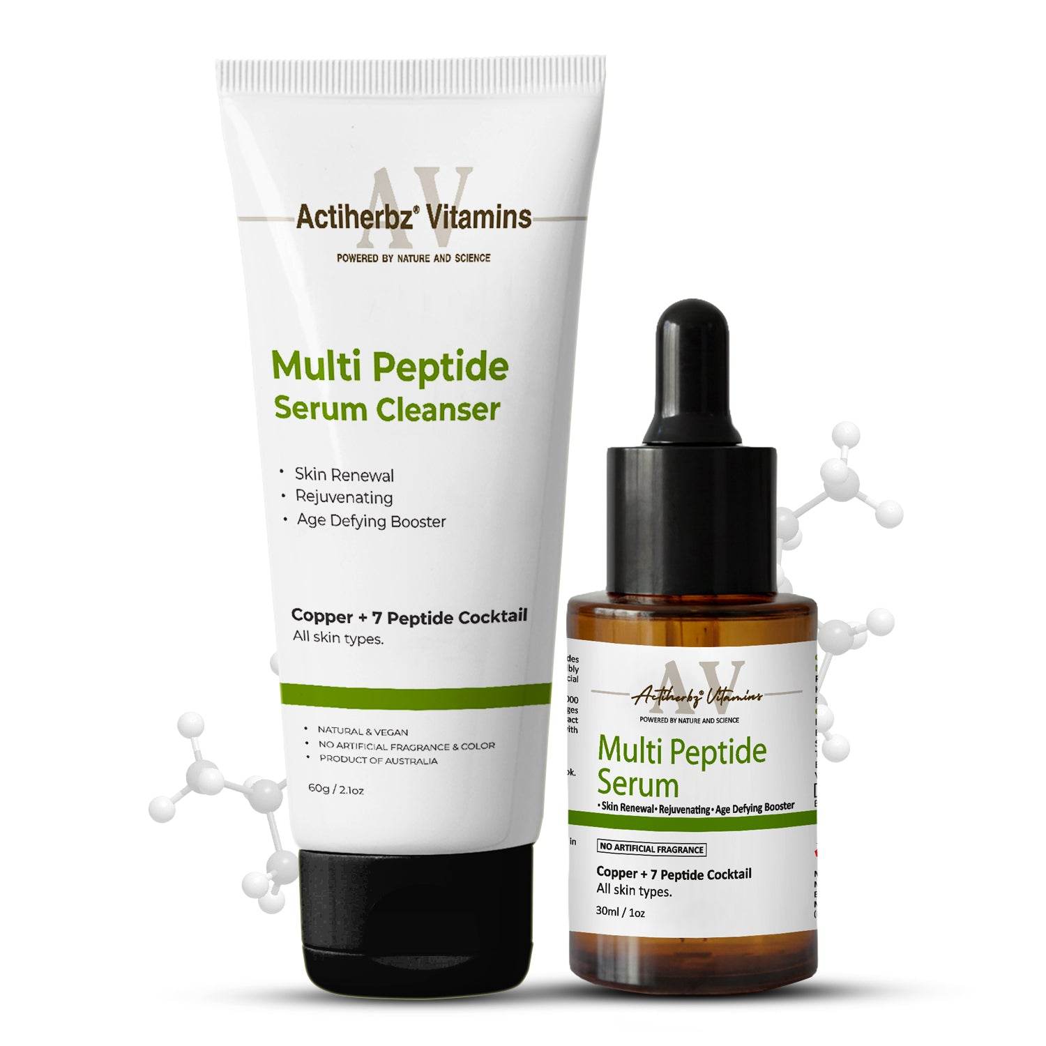 Actiherbz Multi Peptide + copper Face Serum 30ml & Serum Cleanser 60ml with 8 Peptide Cocktail for Improves Skin Elasticity, Skin Renewal and Age-Defying Booster | All Skin Types - passionindulge