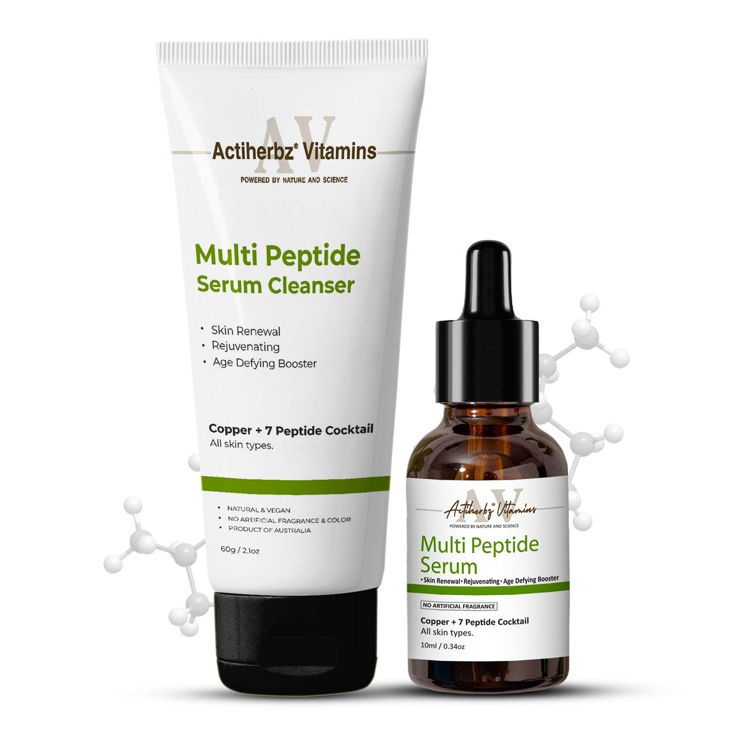 Actiherbz Multi Peptide + copper Face Serum 10ml & Serum Cleanser 60ml with 8 Peptide Cocktail for Improves Skin Elasticity, Skin Renewal and Age-Defying Booster | All Skin Types - passionindulge