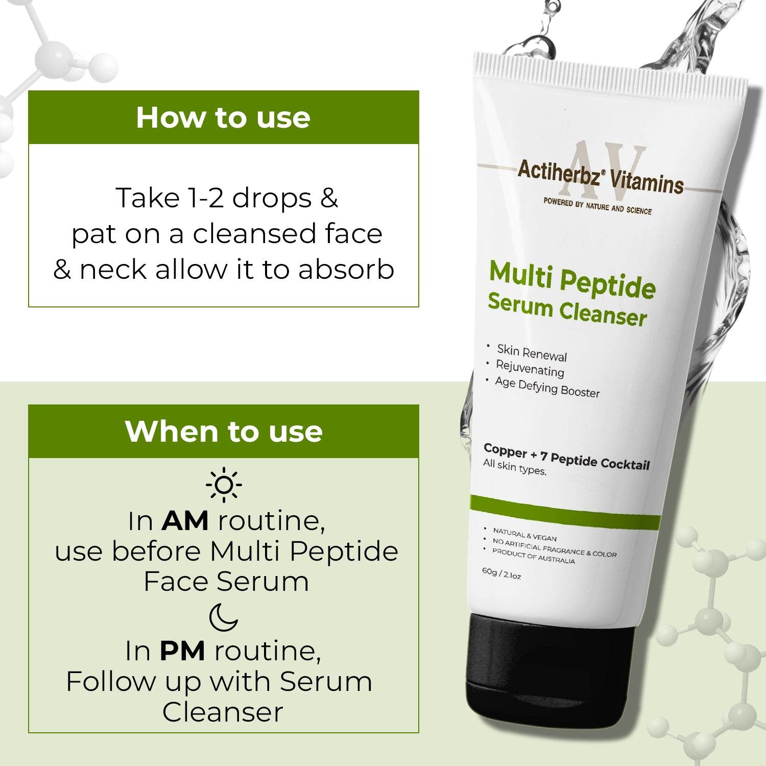 Actiherbz Multi Peptide + copper Serum Cleanser with 8 Peptide Cocktail | Skin Renewal, Rejuvenation & Age-Defying Booster | Hydrating Face wash Cleanser for All Skin Types | airline travel friendly 60ml - passionindulge