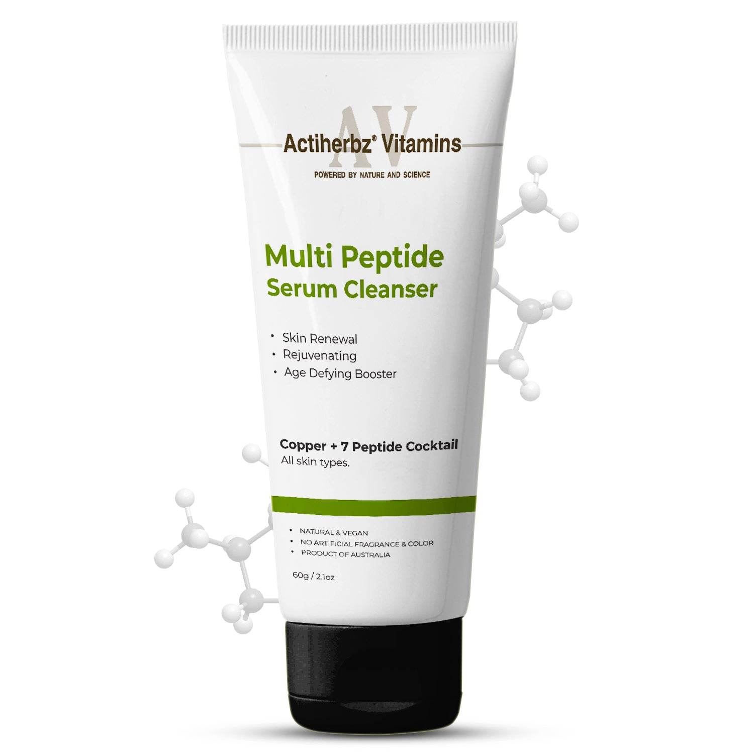 Actiherbz Multi Peptide + copper Serum Cleanser with 8 Peptide Cocktail | Skin Renewal, Rejuvenation & Age-Defying Booster | Hydrating Face wash Cleanser for All Skin Types | airline travel friendly 60ml - passionindulge