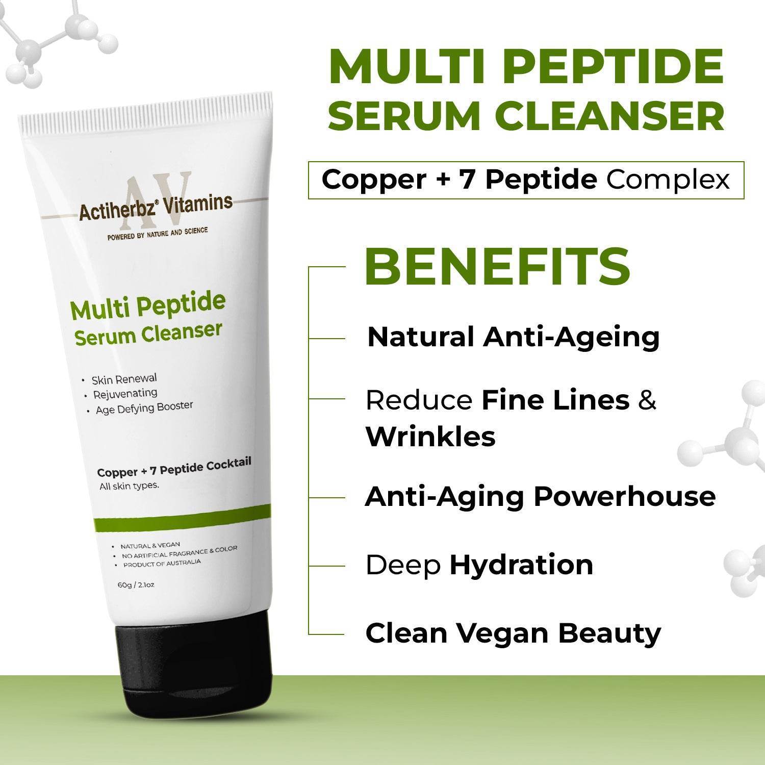 Actiherbz Multi Peptide + copper Face Serum 10ml & Serum Cleanser 60ml with 8 Peptide Cocktail for Improves Skin Elasticity, Skin Renewal and Age-Defying Booster | All Skin Types - passionindulge