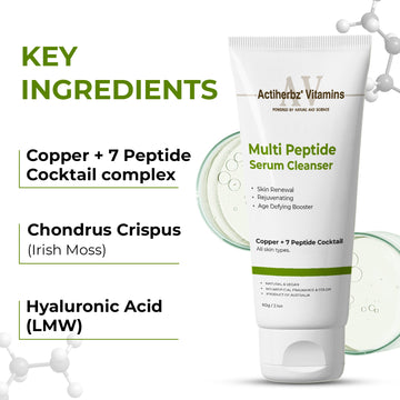 Actiherbz Multi Peptide + copper  Serum Cleanser with 8  Peptide Cocktail | Skin Renewal, Rejuvenation & Age-Defying Booster | Hydrating Face wash  Cleanser for All Skin Types  | airline travel friendly 60ml