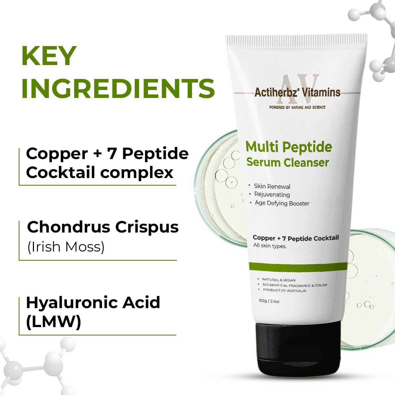 Actiherbz Multi Peptide + copper Face Serum 10ml & Serum Cleanser 60ml with 8 Peptide Cocktail for Improves Skin Elasticity, Skin Renewal and Age-Defying Booster | All Skin Types - passionindulge