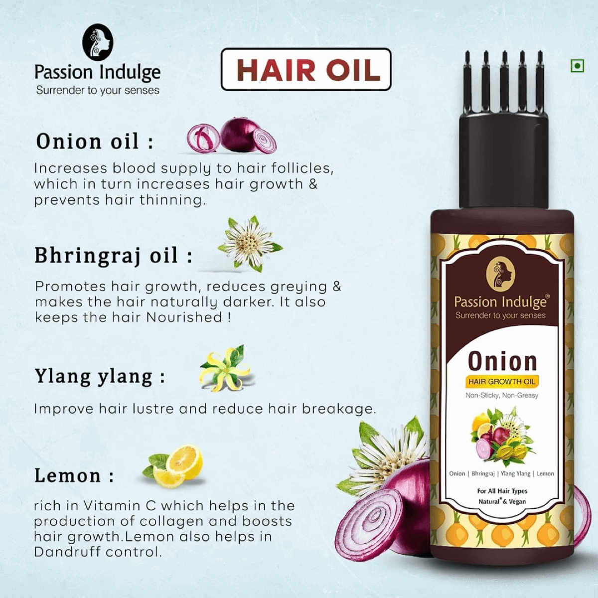 Onion and Bhringraj Hair Oil for hair fall and hair growth -with Bhringraj, Ylang Ylang, Onion, Lemon Oil Extract | Hair Oil | All Hair Type-100ml - passionindulge