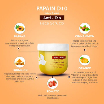 Natural Papain D10 Face Scrub | Reduces Tan | Improves Tone & Texture | Remove Dead Skin Cells | Vegan | Ayurvedic | All Skin Types (200 gm)