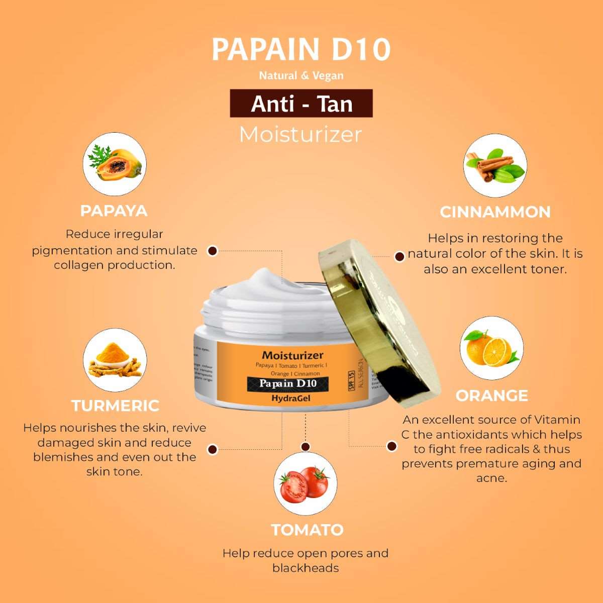 Papain D10 Natural Hydra Gel Moisturizer Reduces Tan | Improves Tone & Texture | SPF 15 | UV Protection |All Skin Type | For all Women & Men | Ayurvedic | Natural & Vegan