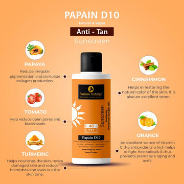 Papain D10 Natural Sunscreen 100ml | Anti-Tanning | Uneven Dark Damaged skin | SPF 40 | Oil free | Water Proof | Moisturizing | Dermatologically Tested | Ayurvedic & Vegan for All Skin Types - passionindulge