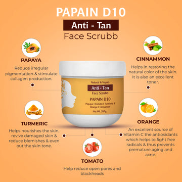Natural Papain D10 Face Scrub | Reduces Tan | Improves Tone & Texture | Remove Dead Skin Cells | Vegan | Ayurvedic | All Skin Types (200 gm)
