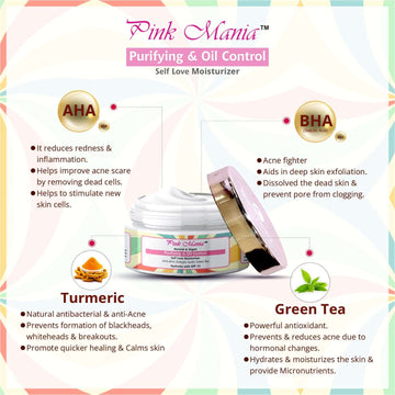 Pink Mania Purifying & Oil Control AHA BHA Face Moisturizer With Turmeric & Green Tea | SPF 15 | Moisturize sensitive allergic skin, Helps reduces clogged pores, acne | Healthy skin - 50g