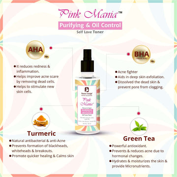 Pink Mania Purifying & Oil Control AHA BHA Face Toner With Turmeric & Green Tea | Reduces acne on skin, Redness, fights  infection & hydrate the skin | Natural & Vegan - 100ml