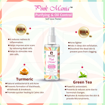 Pink Mania Purifying & Oil Control AHA BHA Face Toner With Turmeric & Green Tea | Reduces acne on skin, Redness, fights  infection & hydrate the skin | Natural & Vegan - 100ml