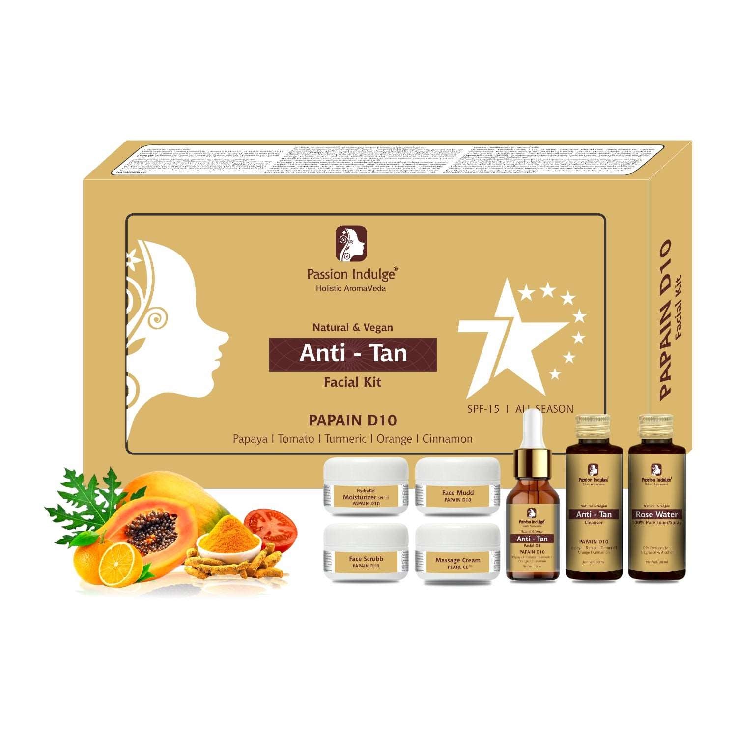 Papain D10 Natural 7 Star Facial Kit For Reduces Tan | Improves Tone & Texture | SPF 15 With Turmeric, Orange, Papaya, Tomato,Cinnamon | All Skin Type | Home Facial Kit | Natural & Vegan