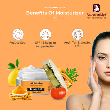 Papain D10 Natural Hydra Gel Moisturizer Reduces Tan | Improves Tone & Texture | SPF 15 | UV Protection |All Skin Type | For all Women & Men | Ayurvedic | Natural & Vegan