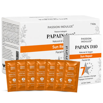 Passion Indulge Papain D10 Natural 7 Star Facial Kit for Tan Removal & Even Skin Tone | Papaya, Turmeric, Orange, Tomato & Cinnamon | Cleanser, Facial Oil, Scrub, Mud, Massage Cream, Moisturizer & Sunscreen | All Skin Types 301g (Pack Of 7)