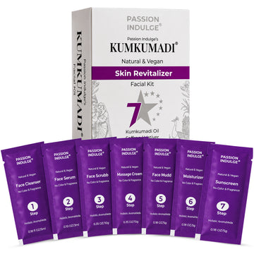 Passion Indulge Kumkumadi 7 Star Glowing Skin Facial Kit, 43gm | Ayurvedic 7-Step Facial Kit with 16 Herbs | Brightening, Hydrating & Pigmentation Care | Cleanser, Facial Oil, Scrub, Face Mudd, Massage Cream, Moisturizer & Sunscreen