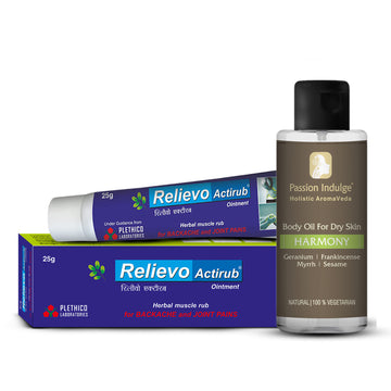 VATA Pain Relief Combo для сухой кожи - массажное масло Harmony Body + мазь Relievo Actirub | Для суставов и болей в спине, эмоционального равновесия, снятия беспокойства и стресса