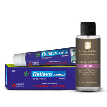 KAPHA Pain Relief Combo for Oily Skin- Inspire Body massage oil + Relievo Actirub Ointment | For Joints & Backache, Weight management & Body Stiffness - passionindulge