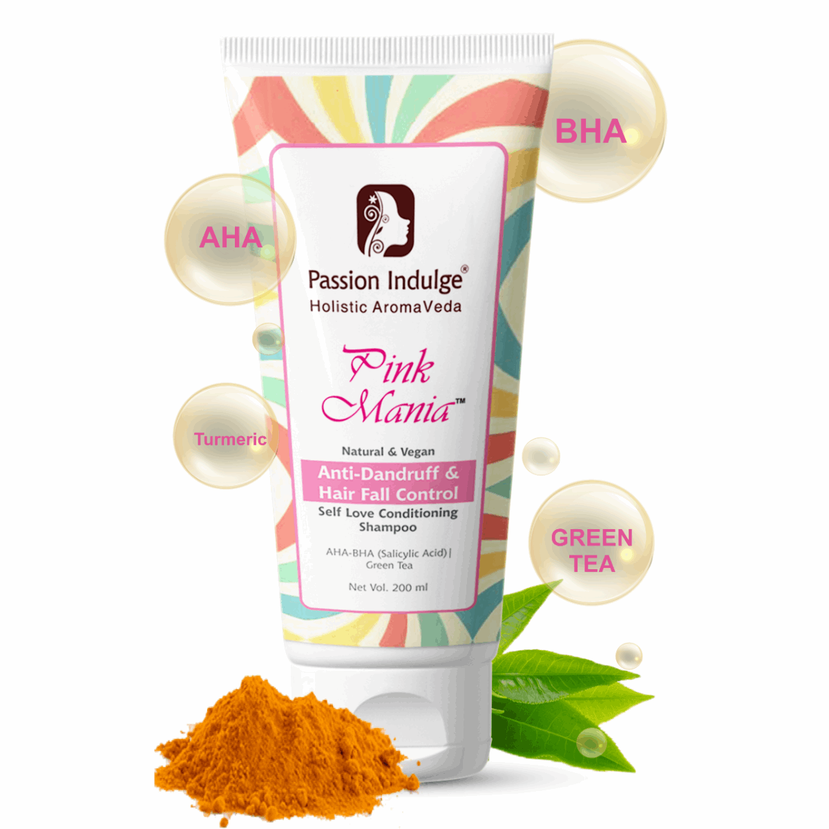 Passion Indulge Pink Mania AHA BHA Anti-Dandruff & Hair Fall Control Shampoo (200 ml)|  With Turmeric & Green Tea Extract.