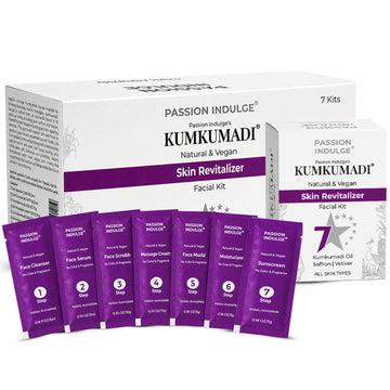 Passion Indulge Kumkumadi 7 Star Glowing Skin Facial Kit | Ayurvedic 7-Step Facial Kit with 16 Herbs | Brightening, Hydrating & Pigmentation Care | Cleanser, Facial Oil, Scrub, Face Mudd, Massage Cream, Moisturizer & Sunscreen 301gm ( Pack of 7)