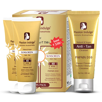 Papain D10 Cleanser 100ml & Papain D10 Sunscreen (Pack of 2) 100ml, SPF 40+++,  Combo Pack | Anti-Tan formula, UV Protection | Dermatologically Tested | Papaya | Turmeric | All Women & Men