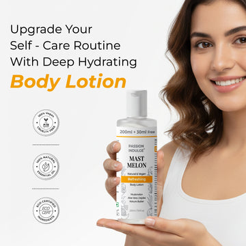 Passion Indulge Mast Melon Body Lotion | Natural & Vegan | Refreshing Body Moisturizer with Muskmelon, Aloe Vera, Jojoba & Kokum Butter | Lightweight Daily Hydration 200ml + 30ml Free