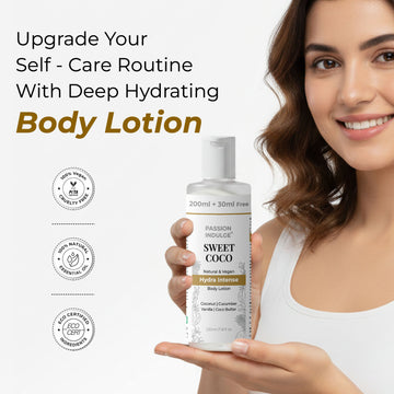 Passion Indulge Sweet Coco Hydra Intense Body Lotion | Natural & Vegan | Deep Moisturizing Body Lotion with Coconut, Vanilla, Cucumber & Cocoa Butter | Aromatherapy-Based Herbal Care | 200 ml + 30 ml Free