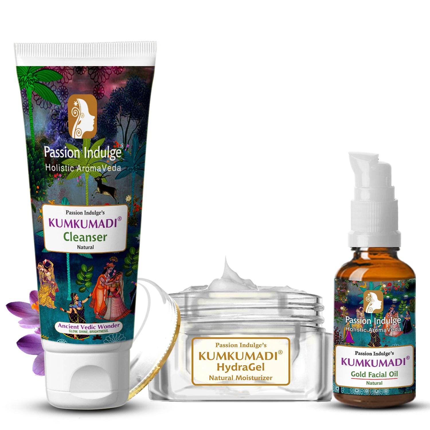 Passion Indulge Kumkumadi Skincare Combo | Cleanser 100ml, HydraGel Moisturizer 50g & Gold Facial Oil 30ml | Natural Glow, Skin Brightening & Hydration | Ayurvedic 3-in-1 Face Care Kit | For All Skin Types - passionindulge