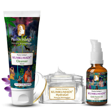Passion Indulge Kumkumadi Skincare Combo | Cleanser 100ml, HydraGel Moisturizer 50g & Gold Facial Oil 30ml | Natural Glow, Skin Brightening & Hydration | Ayurvedic 3-in-1 Face Care Kit | For All Skin Types