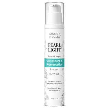 Passion Indulge Pearl Light Sunscreen SPF 80 PA+++ (50gm) | Skin Brightening, Pigmentation-Free Protection & UV Protection | With Turmeric, Manjistha & Liquorice | Mineral Sunscreen for Men & Women