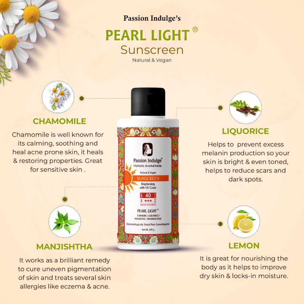 Pearl Light Natural Sunscreen 100ml | Sun Burn Protection | Sun lightning formula with UV Protection |SPF 40 | Dermatologically Tested | Natural & Vegan - passionindulge