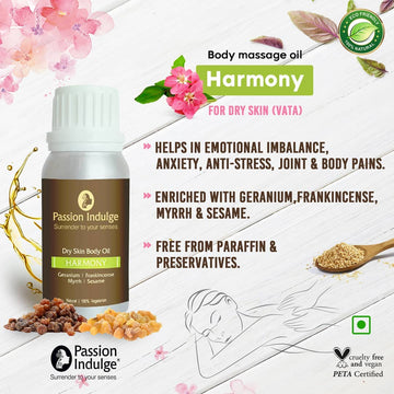 Harmony Body Massage Oil 100ml For Emotional Balance | Anxiety | Anti stress | Joint & Body Pain relief | Dry Skin | Aromatherapy | Natural & Vegan | Ayurvedic