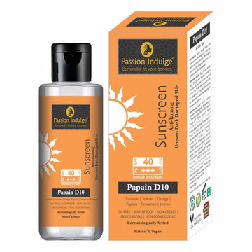 Papain D10 Natural Sunscreen 100ml- BUY 1 GET 1 FREE | Anti-Tanning | Uneven Dark Damaged skin | SPF 40 | Oil free | Water Proof | Moisturizing | Dermatologically Tested | Ayurvedic & Vegan for All Skin Types