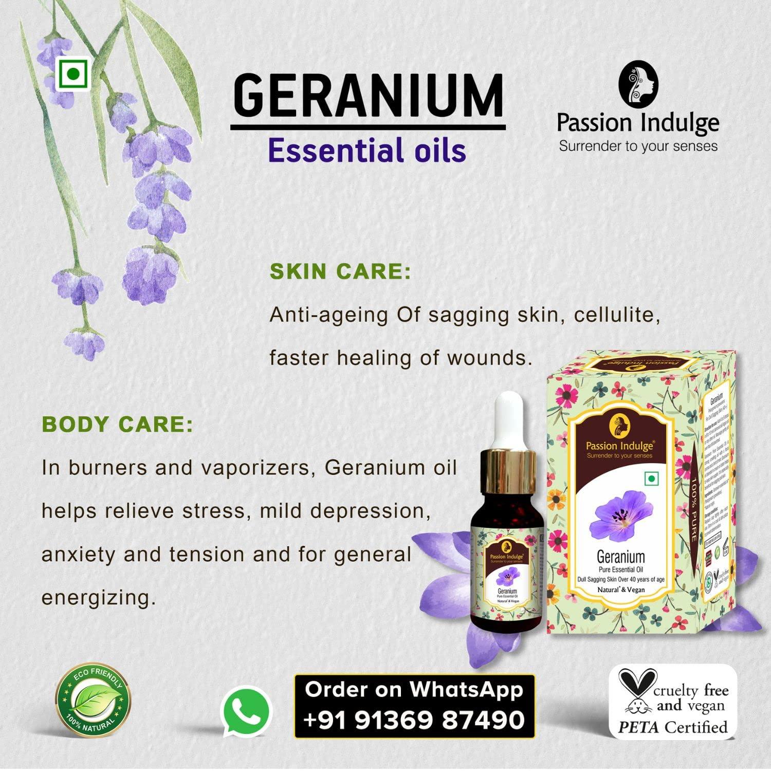 Geranium Essential Oil 10ml for Anti Ageing and Dull Sagging Skin | Naural & Vegan - passionindulge